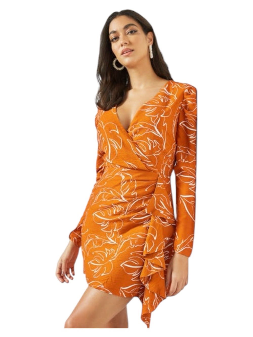 Finders Keepers Orange White Leaf Pattern Long Sleeve Ruffle Mini Dress (4)